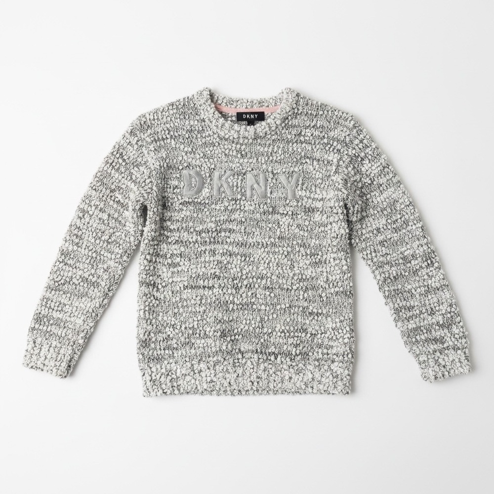 DKNY Popcorn Knit Sweater Grey White Large Metallic Logo Shimmer